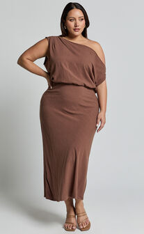 Jacqueline Midi Dress - Linen Look One Shoulder Dress in Chocolate