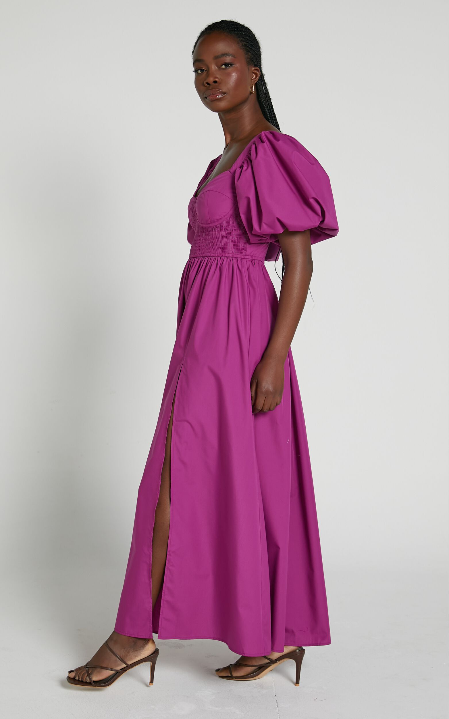 Raiza Midi Dress - Shirred Waist Puff Sleeve Dress in Orchid | Showpo USA