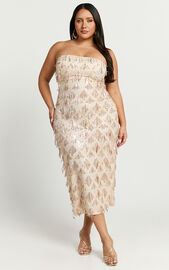 Variel Midi Dress - Strapless Fringe Sequin Dress in Champagne | Showpo EU