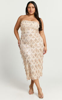 Variel Midi Dress - Strapless Fringe Sequin Dress in Champagne