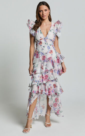 Amalie The Label - Sienah Ruffle Sleeve Tiered Midi Dress in Delhia Floral Print