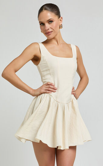 Leanora Mini Dress - Scoop Neck Corset Dress in Ivory