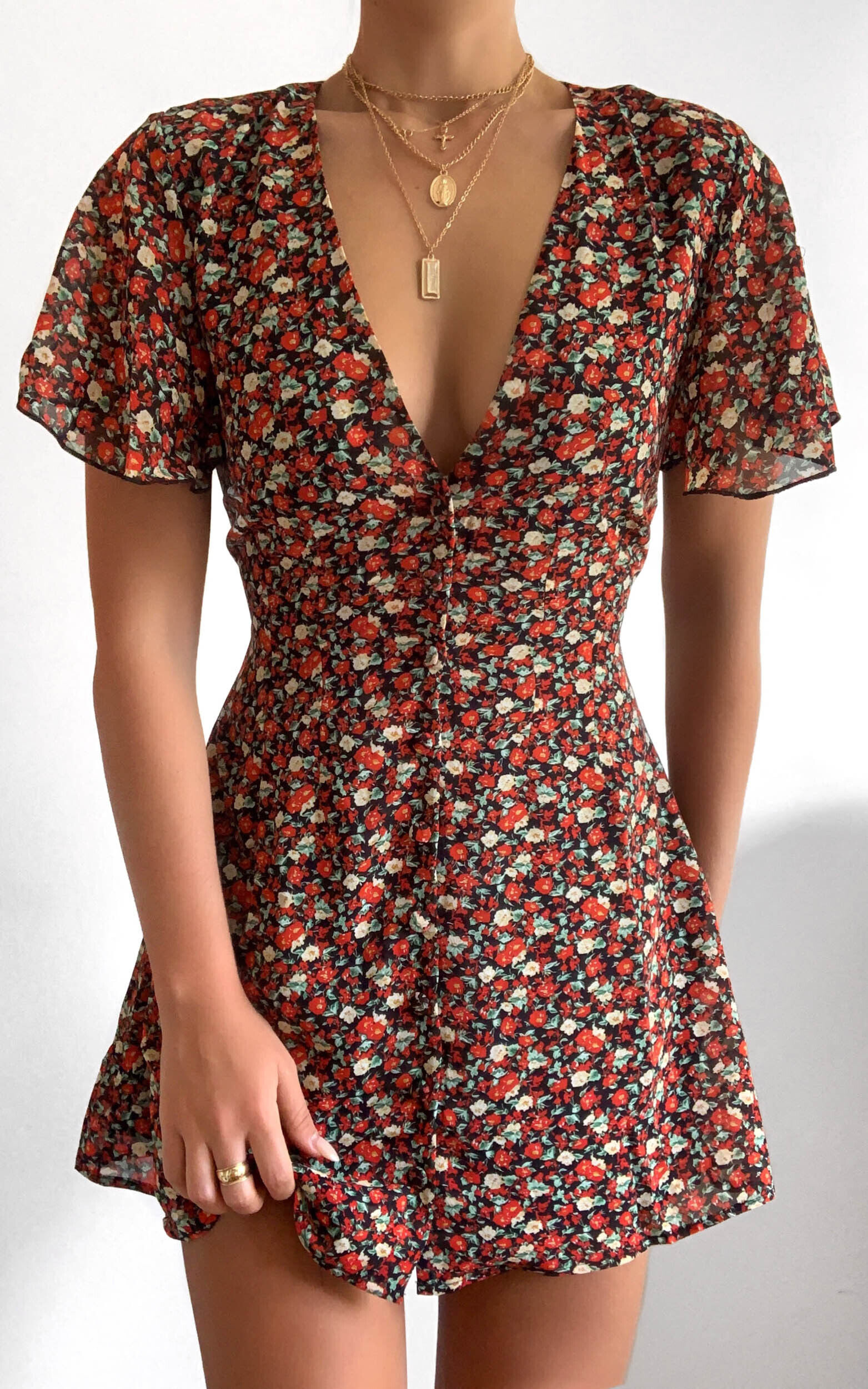 Maximum Potential Mini Dress - Button Up Dress in Black Floral - 04, BLK2