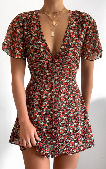 Maximum Potential Mini Dress - Button Up Dress in Black Floral