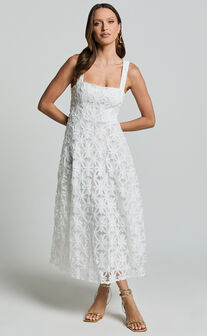 Clarissa Midi Dress - Square Neck Open Back A Line Dress in White