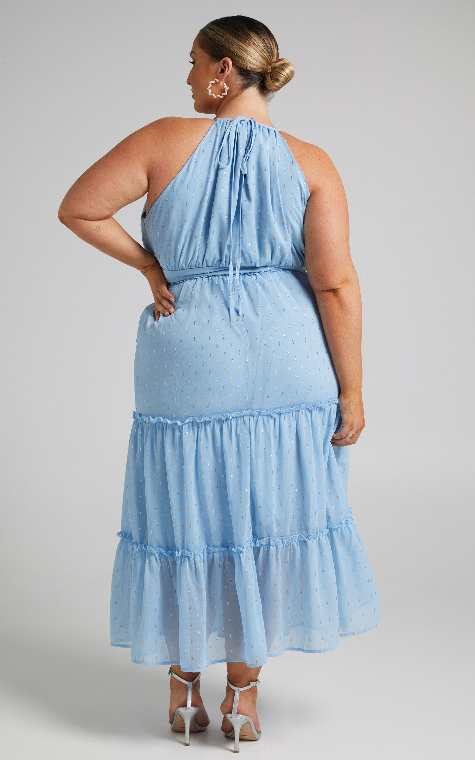 Lille Halter Lurex Chiffon Cocktail Dress in Powder Blue Showpo