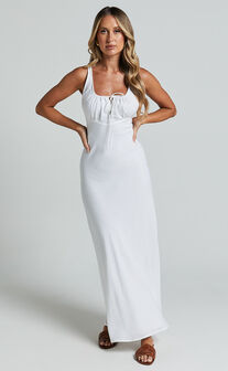 Lucas Midi Dress - Ruched Bust Linen Look Dress in White
