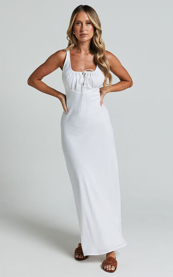 LUCAS MIDI DRESS - RUCHED BUST Linen Look DRESS in White