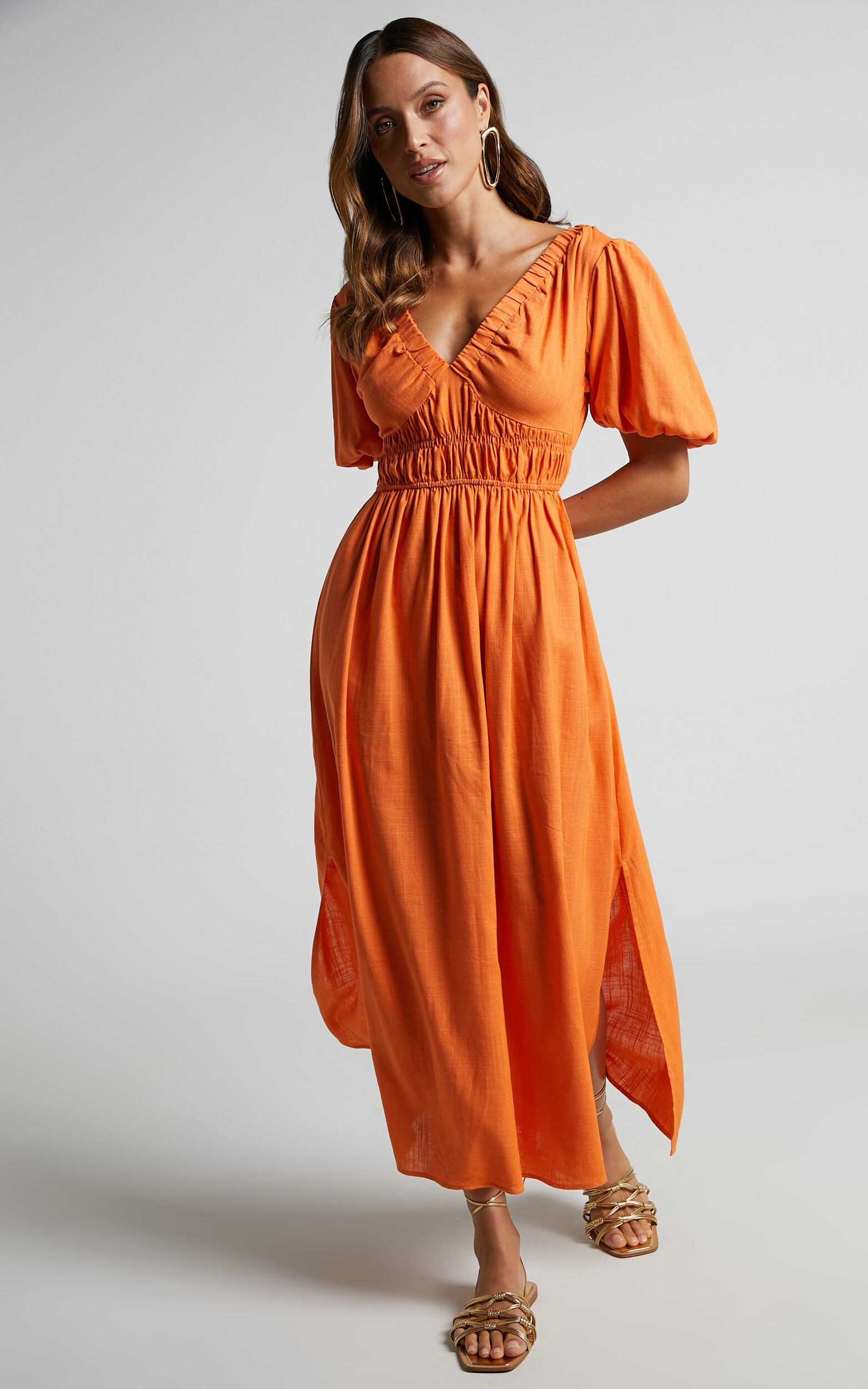 Lorella Midi Dress - Puff Sleeve Plunge Neck Dress in Orange - 06, ORG2