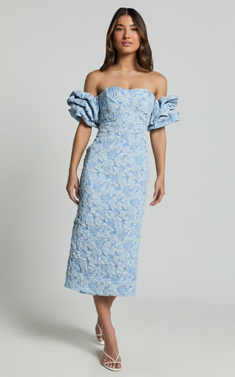 Brielle Midi Dress - Off the Shoulder Short Sleeve Sweetheart Dress in Soft Blue