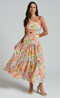 Mitzy Midi Dress - One Shoulder Cut Out Tiered Dress in Summer Floral