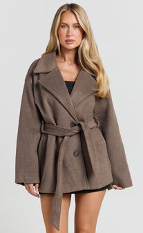 Alessandra Coat - Single Breasted Belted Short Wool Like Coat in Dark Chocolate