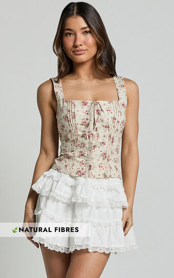 Selby Top - Square Neck Lace Up Corset Top in Pink Floral