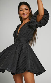 Xandy Mini Dress - Textured Puff Sleeve Plunge Dress in Black