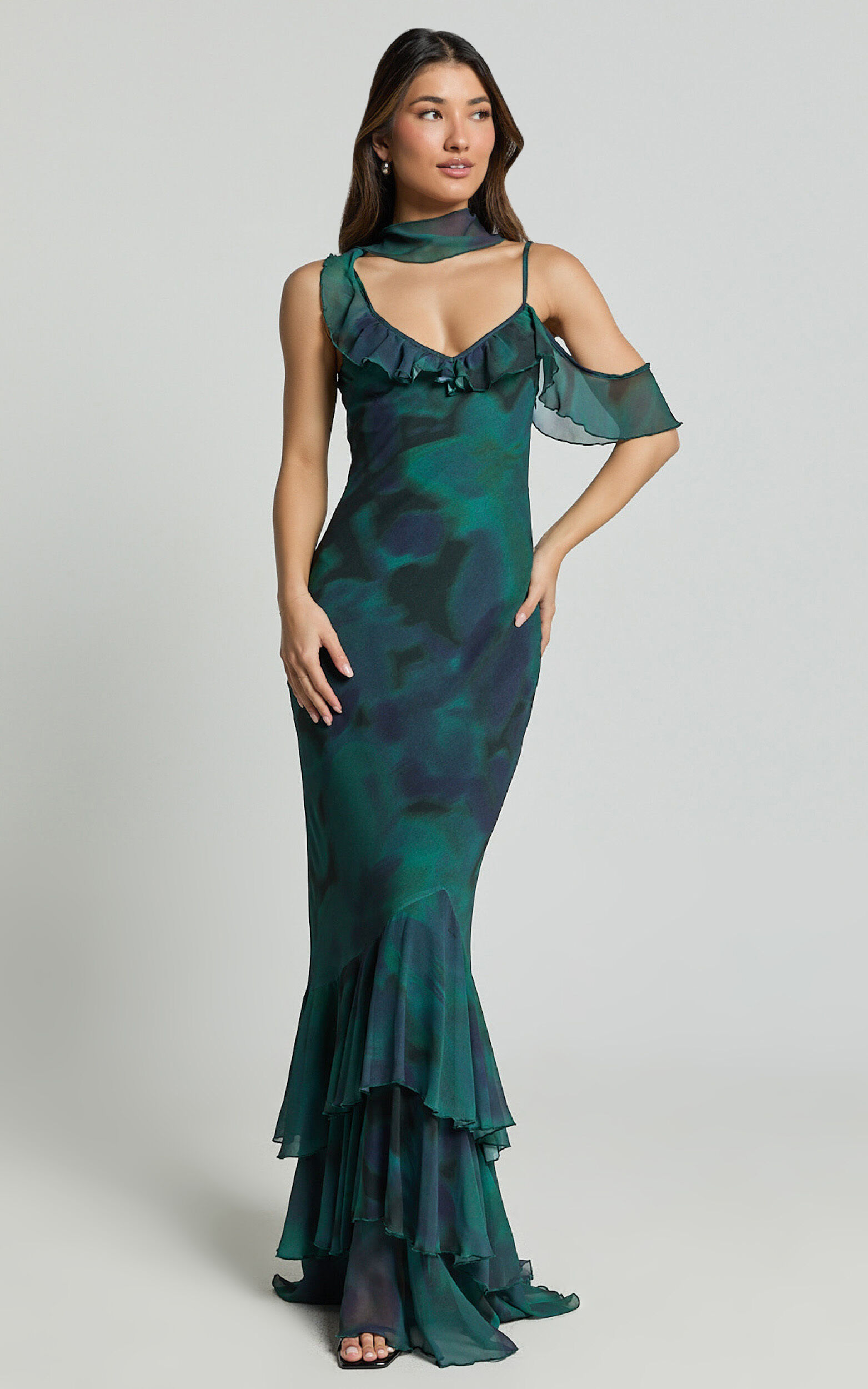 Riley Maxi Dress - Asymmetric Ruffle Detail Maxi Dress in Moss Adeana - 06, GRN1