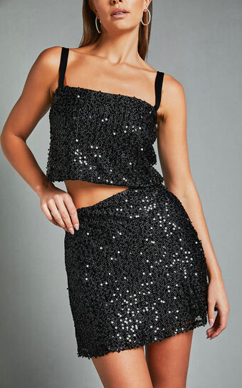 Valletta Two Piece Top and Skirt Set - Sequin Square Neck and A Line Mini Skirt in Black