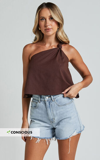 Analia Top - Linen Look One Shoulder Knot Detail Top in Chocolate