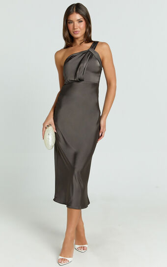 Aria Midi Dress - One Shoulder Twist Detail Satin Bias Cut Dress in Espresso