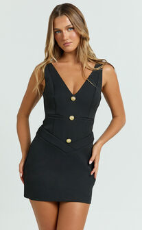 Indigo Mini Dress - Wide Strap Deep V Button Front Dress in Black