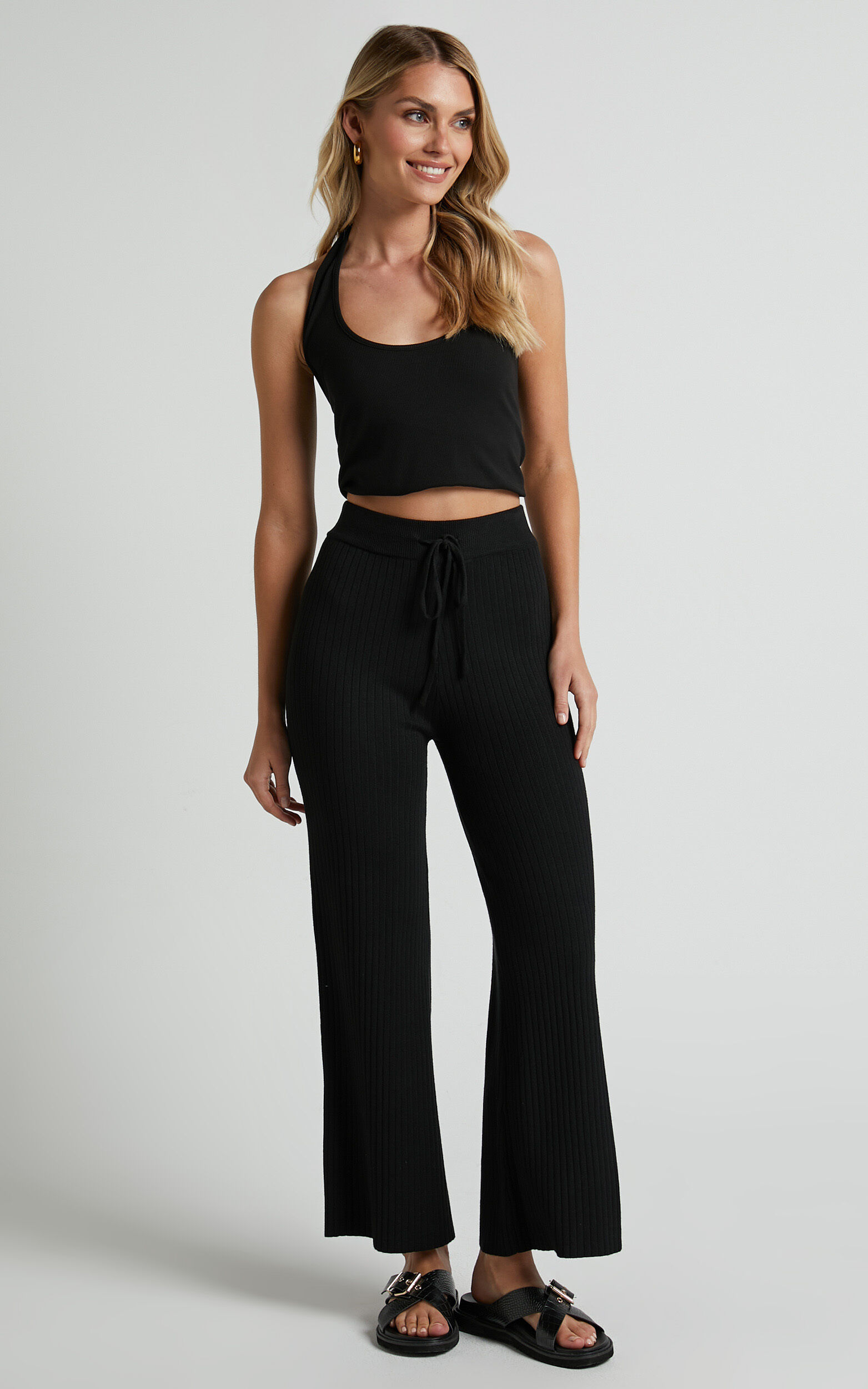Ribbed Knit High Waisted Flared Pants - Black