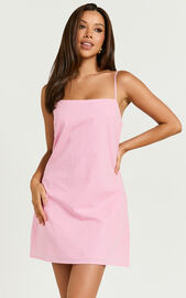 Mavie Mini Dress - Linen Strappy Shift Dress in Pink Gingham | Showpo