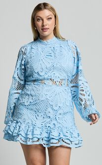 Kiss Me Now Mini Dress - Long Puff Sleeve Dress in Soft Blue