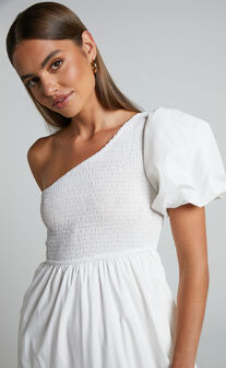 Kennedy Midi Dress - One Shoulder Puff Sleeve Shirred Dress in White