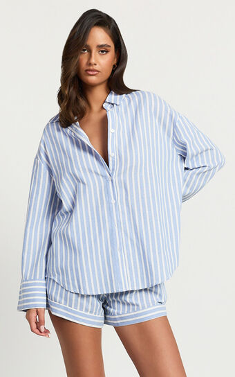 Tori Top - Oversized Button Down Stripe Shirt in Light Blue Stripe