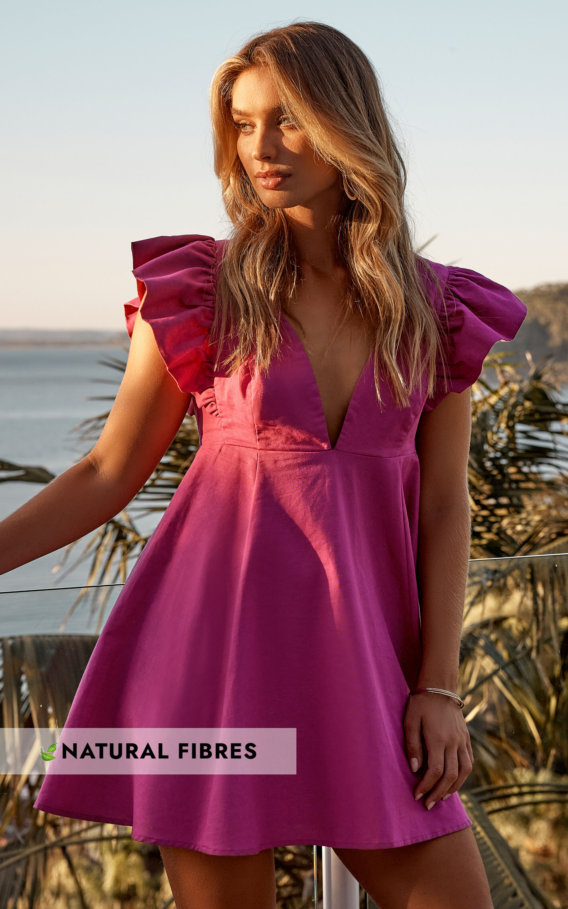 Amalie The Label Linen Blend Frill Sleeve Baby Doll Dress in Wild Berry