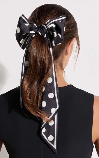 Ricki Scarf - Satin Tie Up Printed Scarf in Black Polka Dot