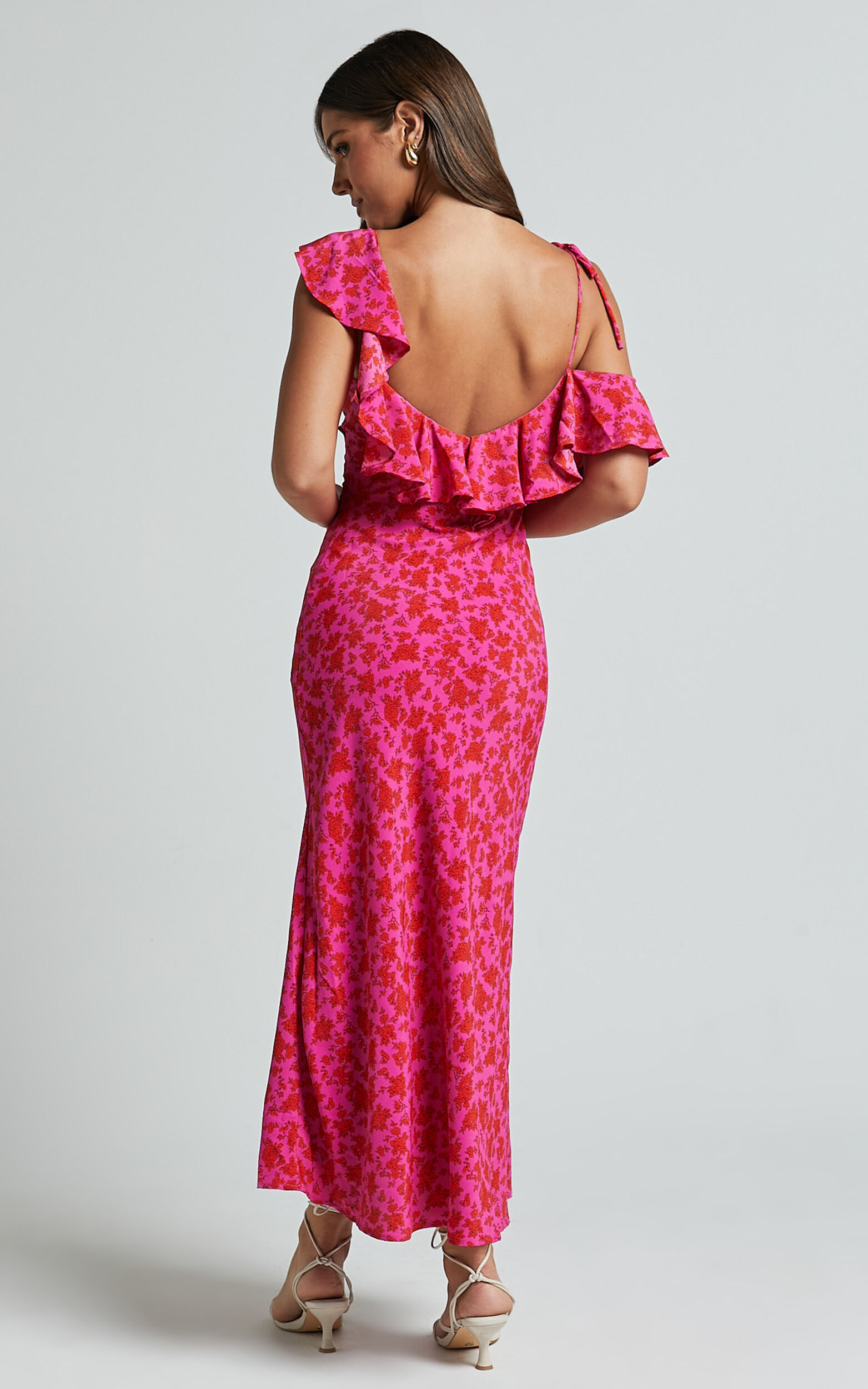 Giulia Midi Dress - One Shoulder Frill Detail Dress in Pink Floral ...