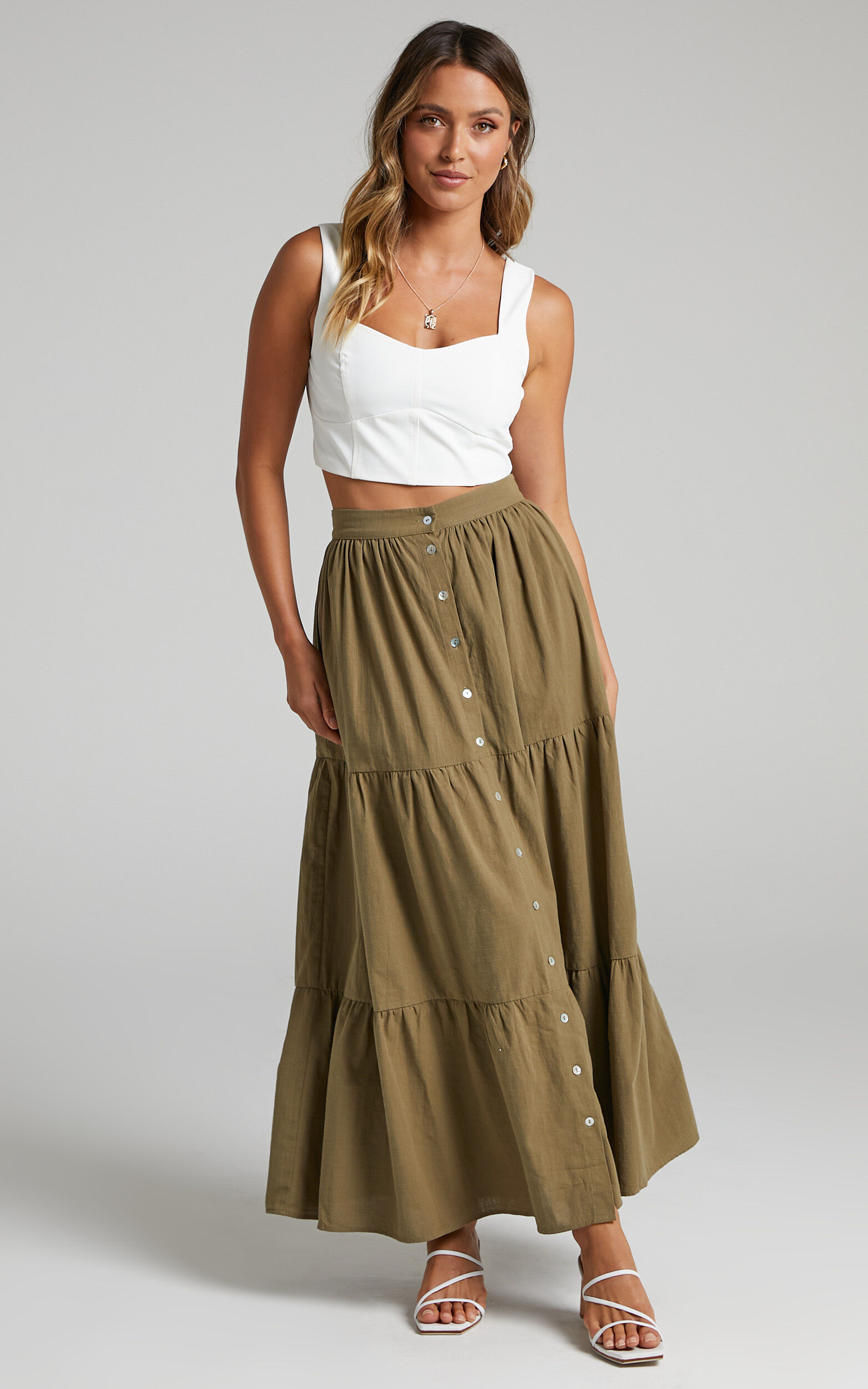 Arabella Tiered Button Front Maxi Skirt in Khaki Showpo USA