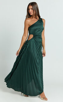 Kitsune Maxi Dress - One Shoulder Cut Out Dress in Emerald Green