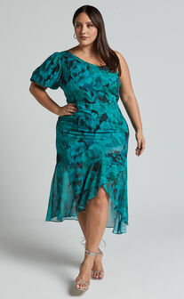 Clabelle Midi Dress - One Shoulder Ruffle Tulip Hem Dress in Emerald Blur Floral