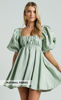 Amalie The Label - Hamyya Linen Tie Back Puff Sleeve Mini Dress in Sage