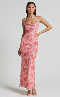 Nadine Maxi Dress - Cowl Neck Low Back Mesh Slip Dress in Pink Floral