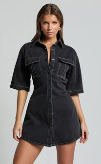 Leilani Mini Dress - Denim Short Sleeve Button Up Dress in Washed Black