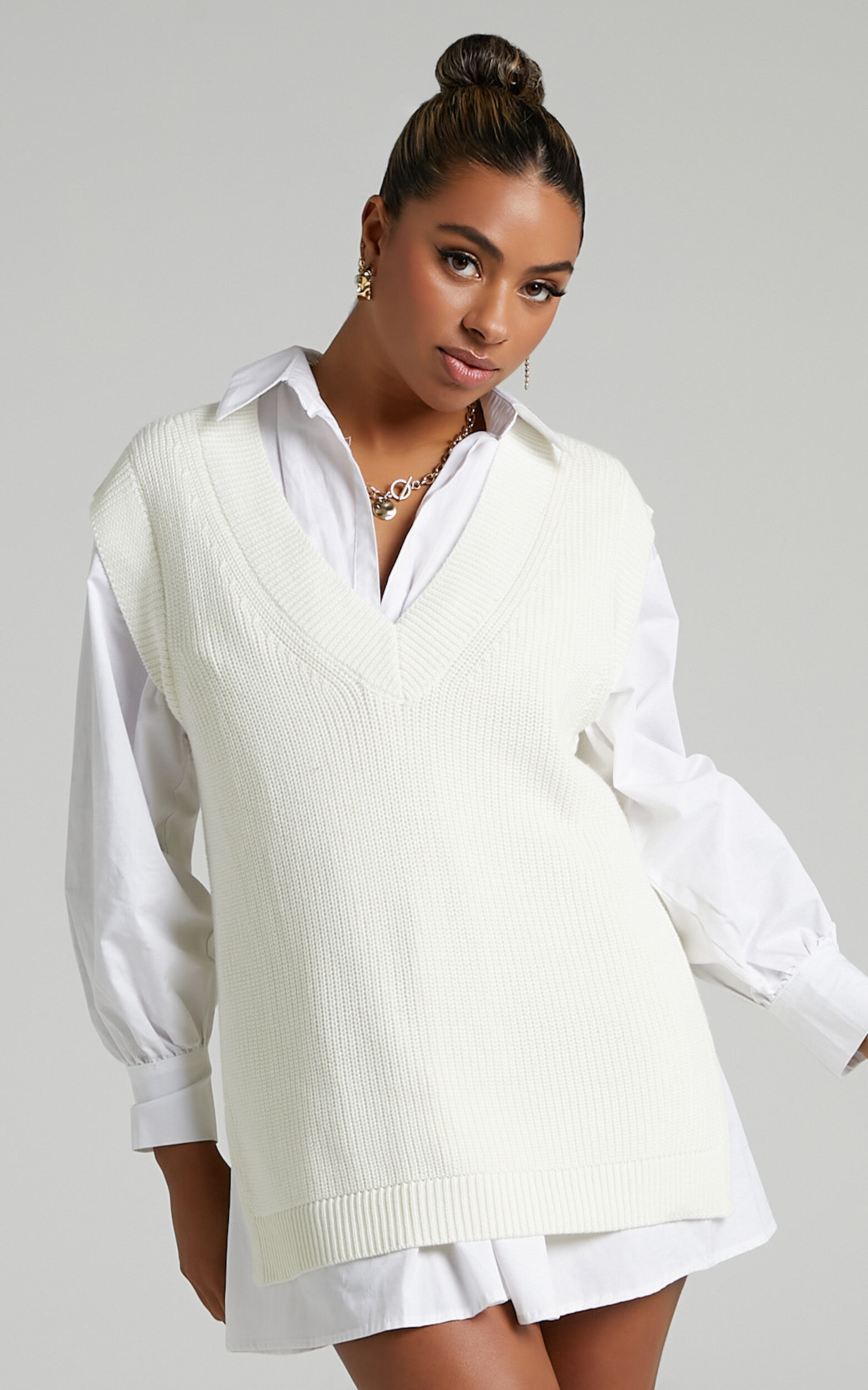 Saira Oversized Knit Vest in Cream Showpo USA