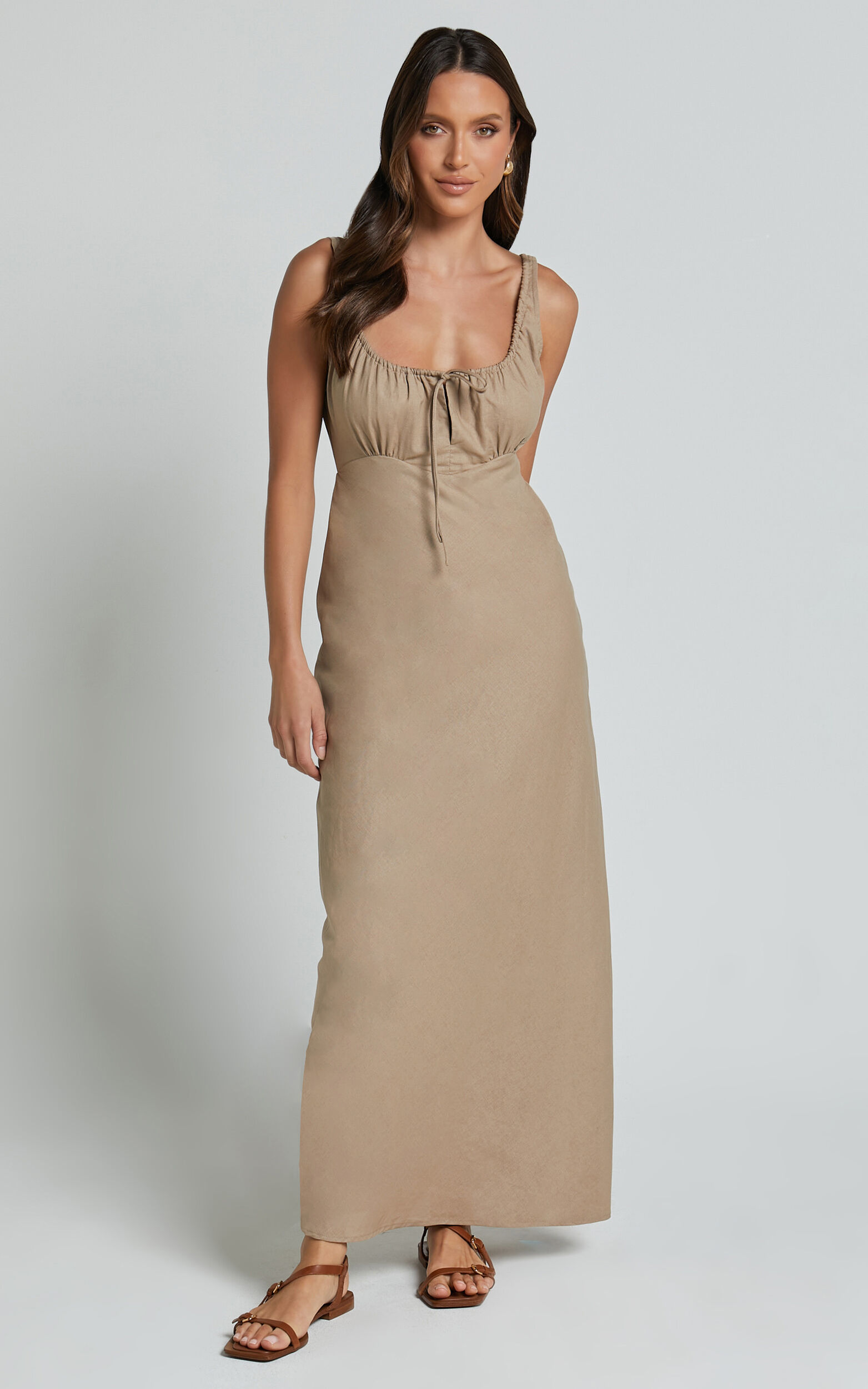 Lucas Midi Dress - Ruched Bust Linen Look Dress in Tobacco | Showpo USA