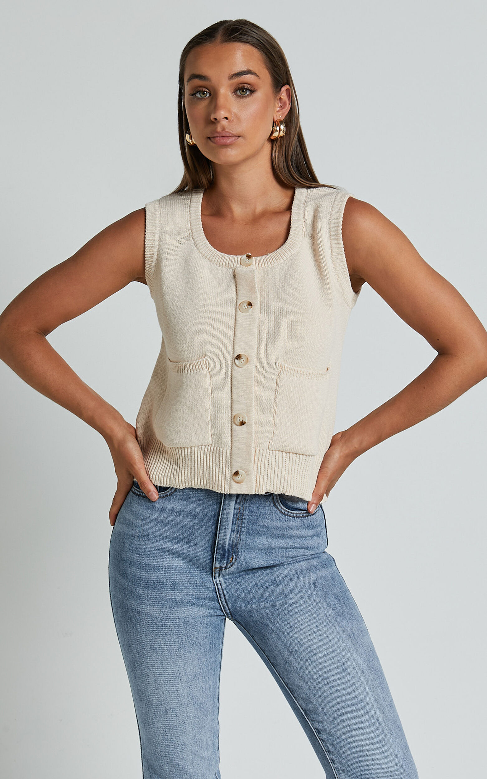 Ricky Vest - Knitted Button Through Vest in Cream - L, CRE1