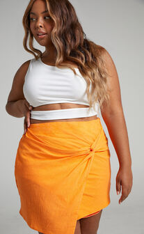 Kiandra Mini Skirt - Linen Look Twist Front Skirt in Orange