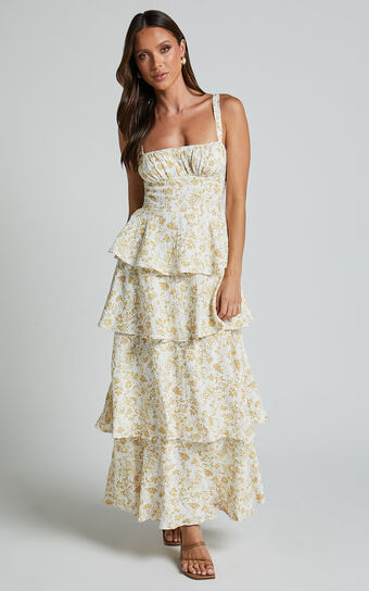 Lorma Midi Dress - Ruched Layered Dress in Yellow