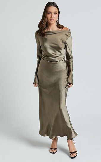 Arriana Midi Dress - Long Sleeve Cowl Back Satin Dress in Dark Olive