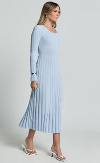 Blaire Midi Dress - Long Sleeve Tie Back Flare Dress in Blue