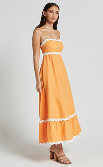 Moriseth Midi Dress - Linen Look Sleeveless Fit Flare Dress in Orange
