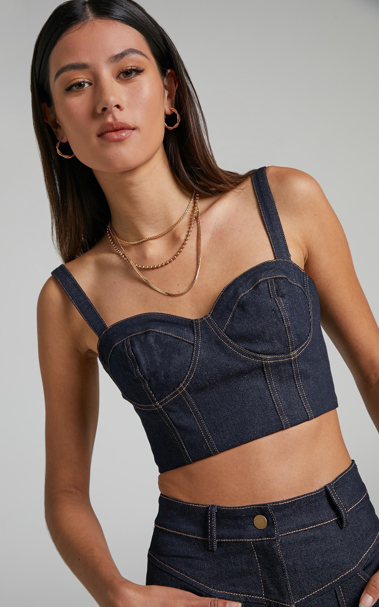 Boohoo Embellished Pearl Faux Leather Bralette Crop Top Dusty Blue Sz 10  Nwt