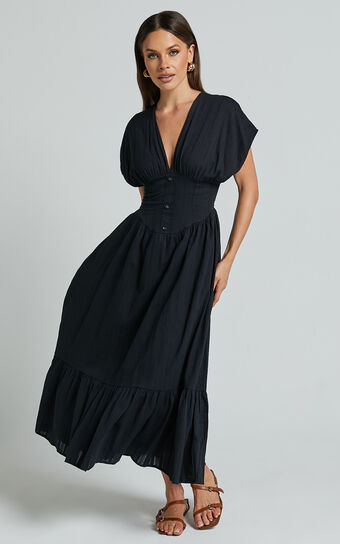 Allegra Midi Dress - Deep V Neck A Line Dress in Black