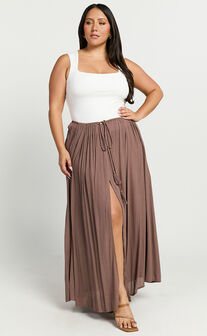 Under The Twilight Maxi Skirt - Thigh Split Skirt in Taupe