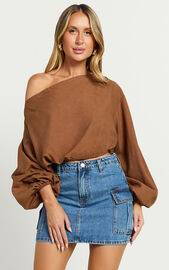 Alesia Top - Asymmetrical Boat Neck Elastic Hem Crop Top in Chocolate ...