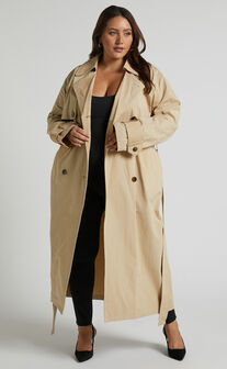 Avah Trench Coat - Double Breasted Tie Waist Coat in Camel